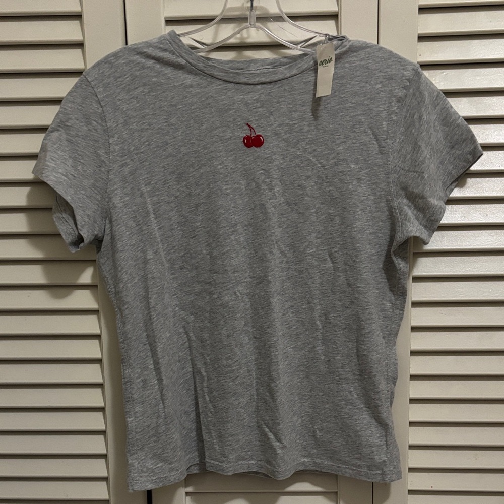 Aerie Gray Tee with Cherry Embroidery